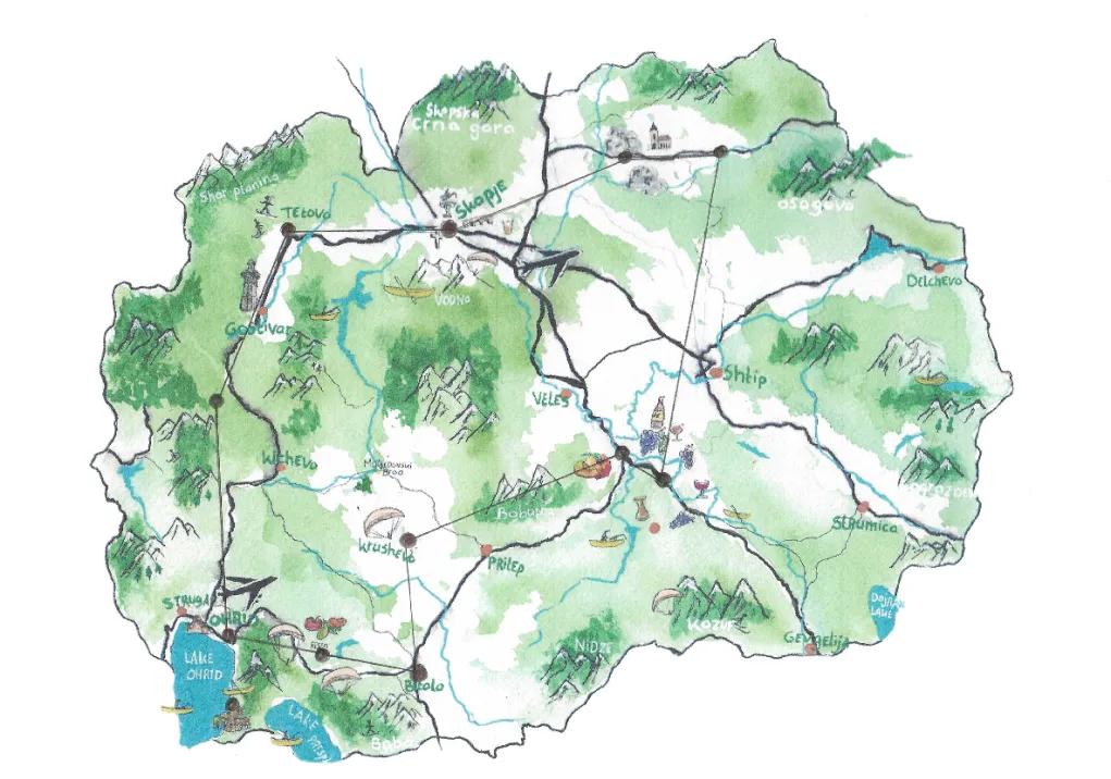 Kaart Noord-Macedonië met reis route